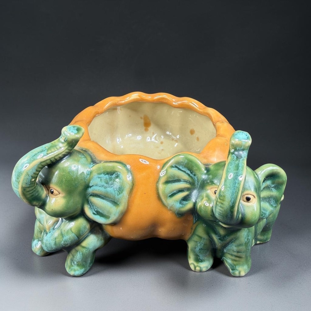 Vintage Majolica Style Elephant Pumpkin Ceramic Planter Green Orange Dish Bowl